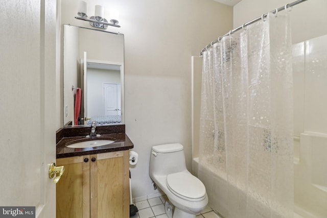 bathroom with toilet, tile patterned flooring, shower / bath combination with curtain, and vanity