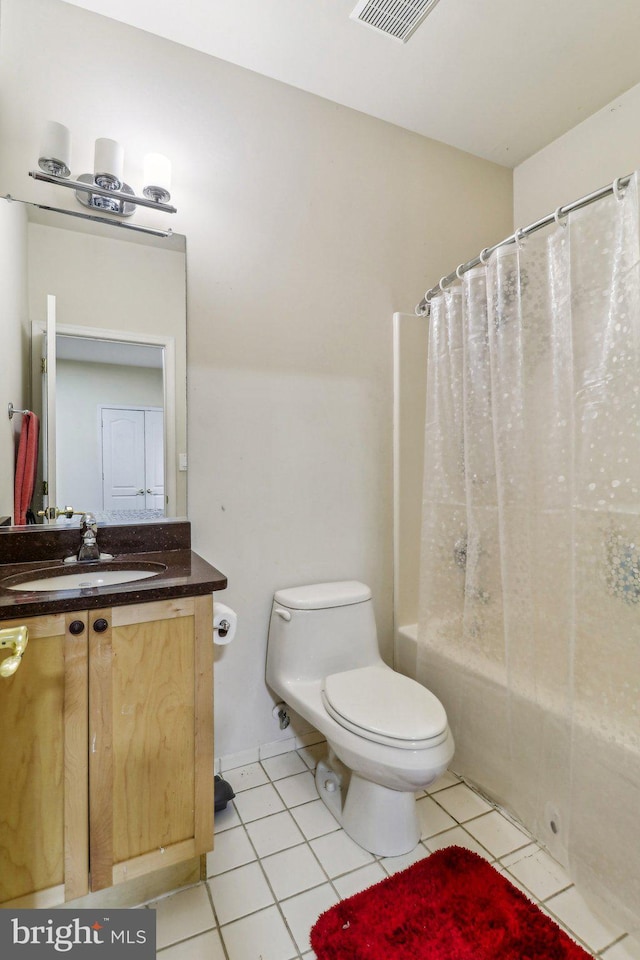 bathroom with visible vents, toilet, tile patterned flooring, shower / bathtub combination with curtain, and vanity