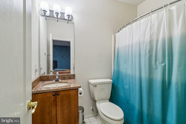 full bathroom with toilet, ensuite bath, tile patterned flooring, and vanity