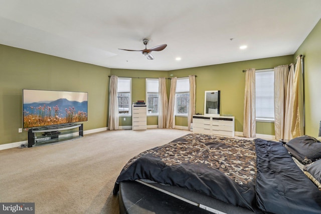 bedroom featuring recessed lighting, carpet flooring, a ceiling fan, and baseboards