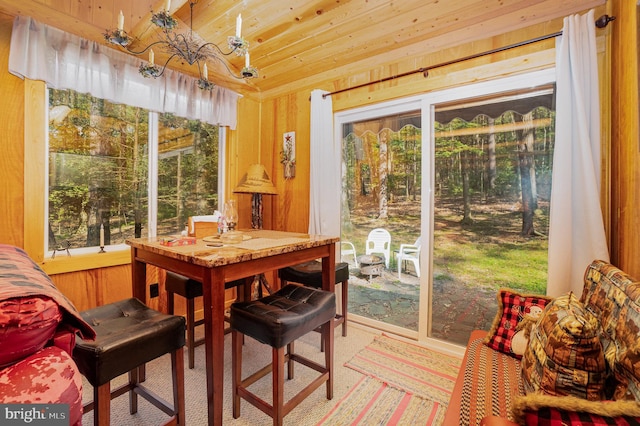 dining space featuring wood walls and wood ceiling