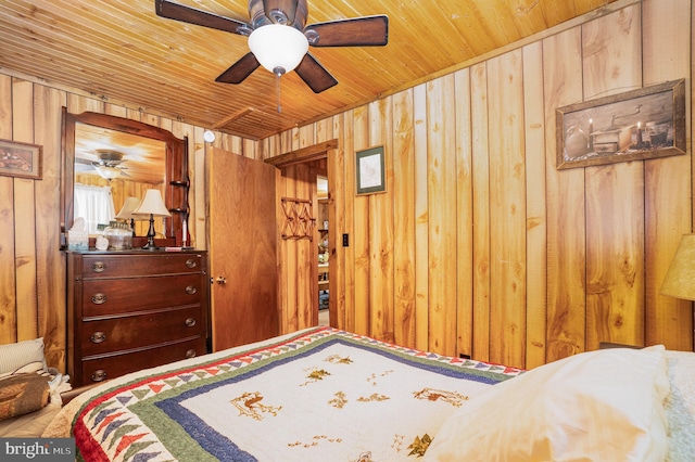 bedroom featuring ceiling fan, wooden walls, and wood ceiling