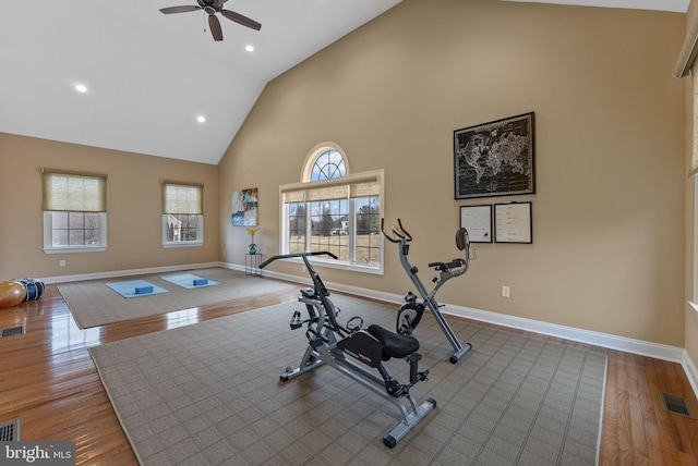 workout room with ceiling fan, a wealth of natural light, high vaulted ceiling, and wood-type flooring