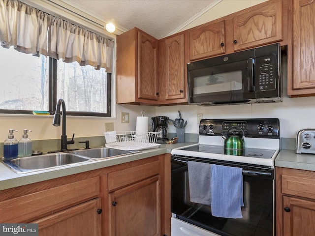 kitchen with lofted ceiling, electric range oven, a sink, a textured ceiling, and black microwave