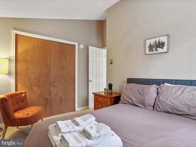 bedroom featuring lofted ceiling, a closet, and baseboards