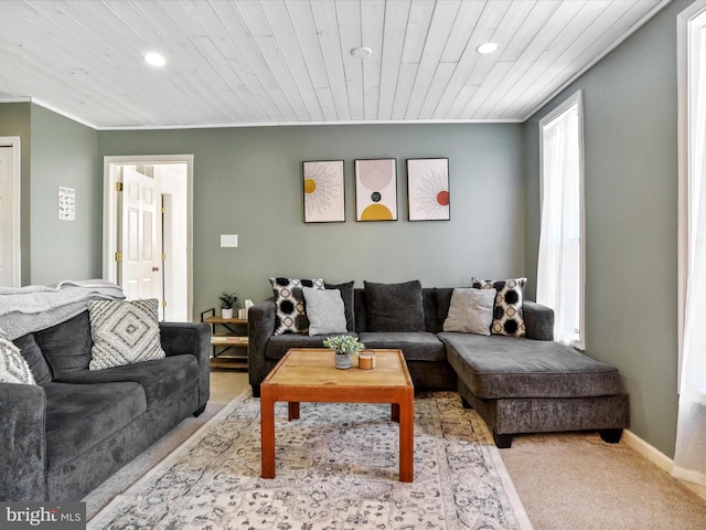 living room featuring recessed lighting, carpet, wood ceiling, and baseboards