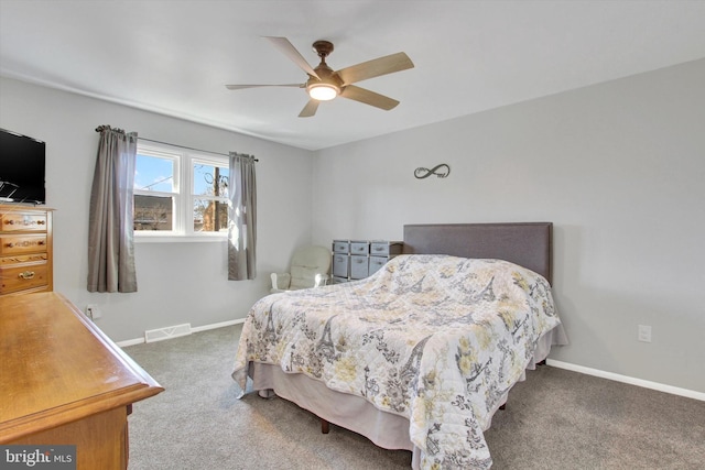 bedroom with ceiling fan and carpet