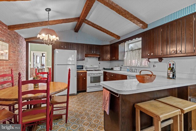 kitchen featuring light floors, white appliances, a peninsula, lofted ceiling with beams, and light countertops