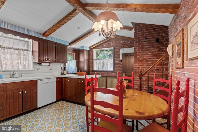 kitchen with a notable chandelier, dishwasher, a sink, lofted ceiling with beams, and light countertops