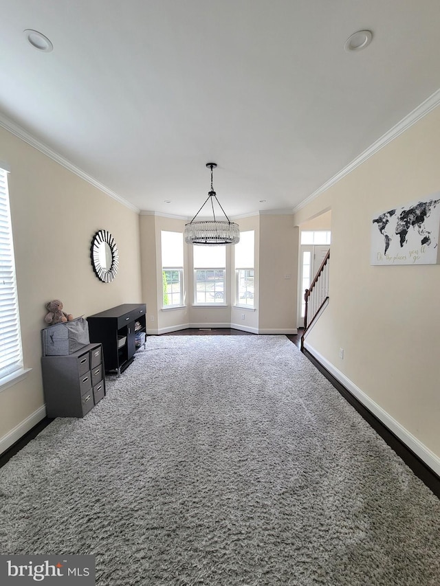 living room featuring dark carpet and crown molding