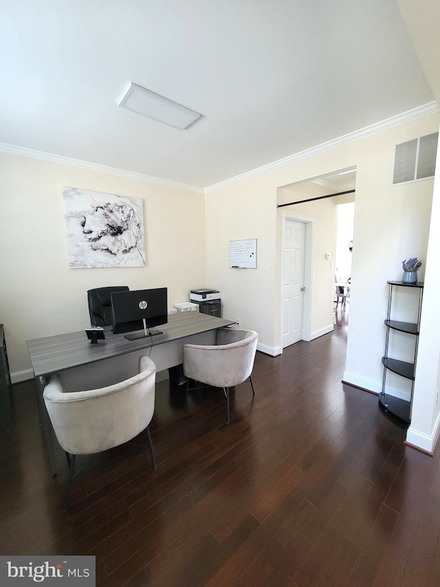 office featuring crown molding and dark hardwood / wood-style floors