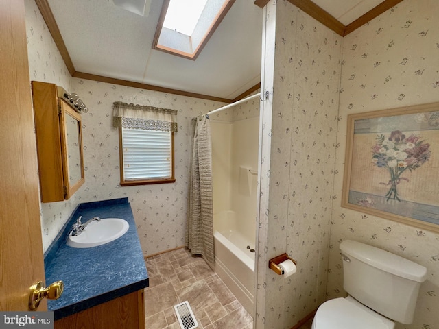 full bath featuring wallpapered walls, visible vents, toilet, ornamental molding, and vanity