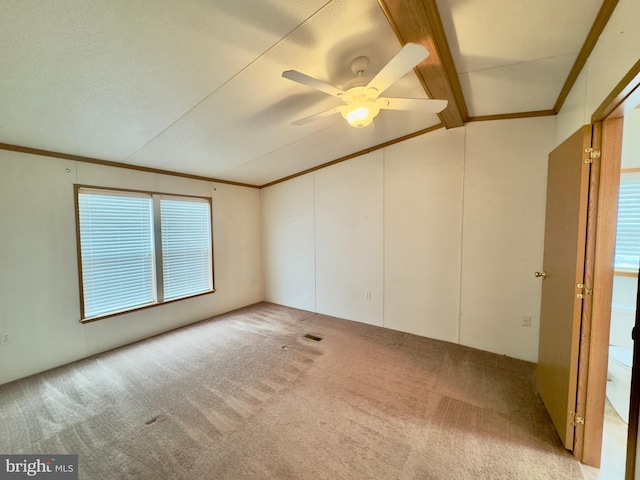 spare room featuring carpet, visible vents, ornamental molding, and ceiling fan