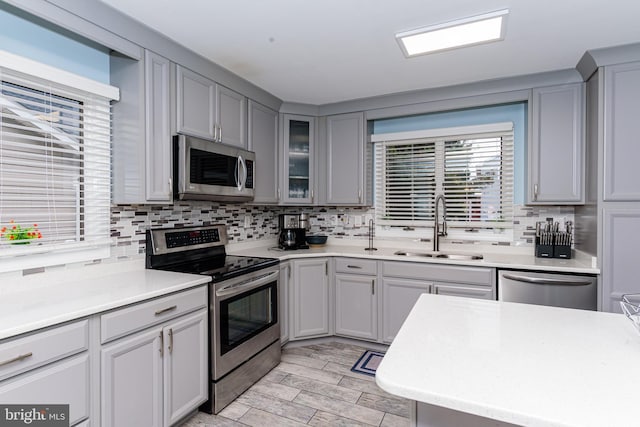 kitchen with glass insert cabinets, gray cabinets, stainless steel appliances, light countertops, and a sink