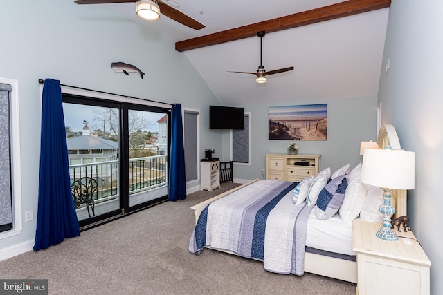 bedroom featuring ceiling fan, light carpet, baseboards, access to exterior, and beam ceiling