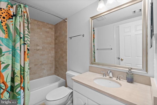 bathroom with toilet, shower / bath combo, visible vents, and vanity