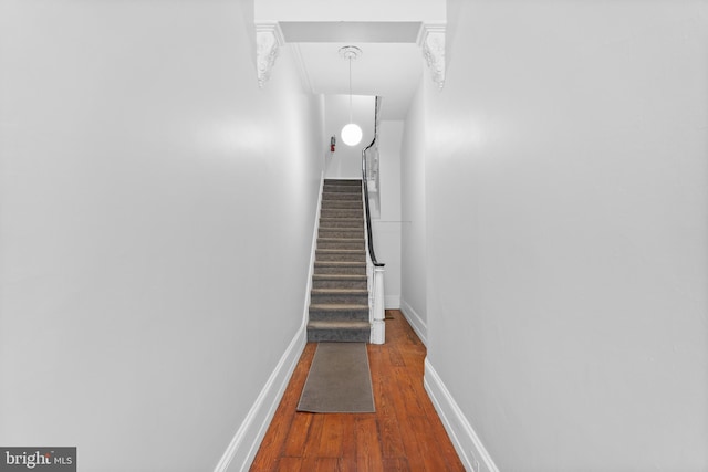 stairway featuring wood finished floors and baseboards