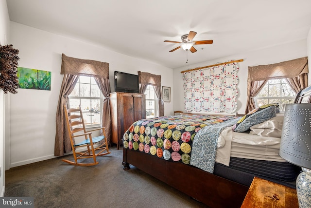 bedroom with dark colored carpet