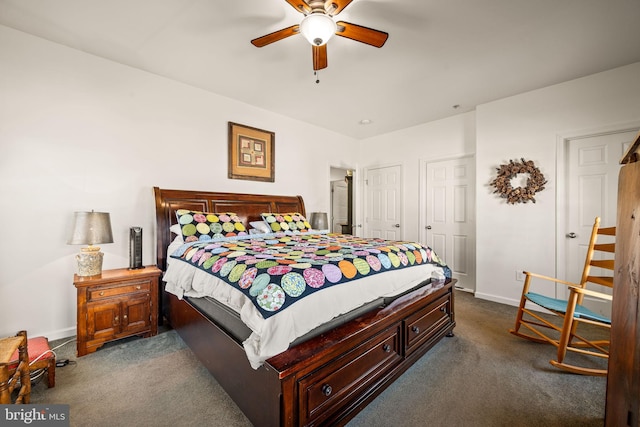 bedroom featuring ceiling fan and carpet floors