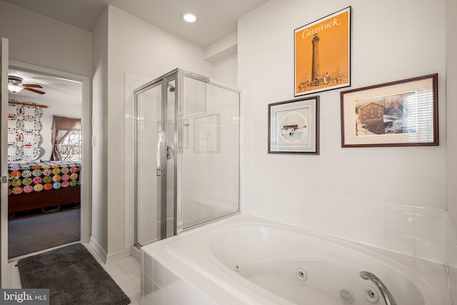 bathroom with ceiling fan, shower with separate bathtub, and tile patterned floors