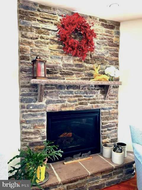 interior details featuring hardwood / wood-style floors and a stone fireplace