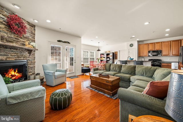 living room featuring a fireplace and light wood-type flooring