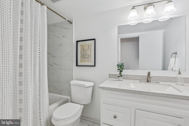 full bathroom featuring marble finish floor, visible vents, toilet, shower / bath combo, and vanity