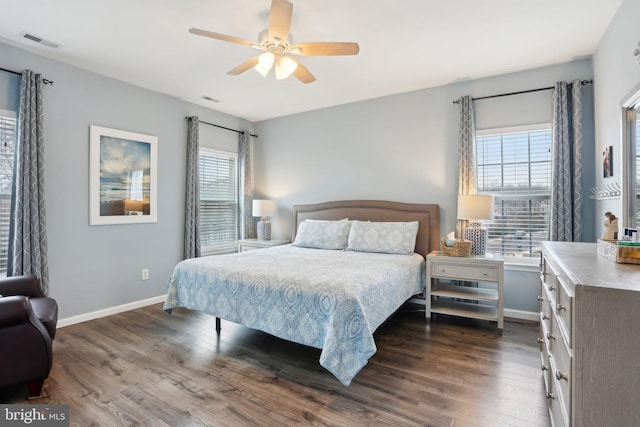 bedroom featuring multiple windows, visible vents, and dark wood-type flooring