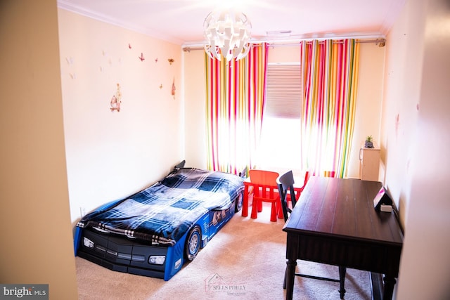 carpeted bedroom featuring ornamental molding and a chandelier