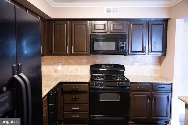 kitchen with decorative backsplash, black appliances, crown molding, and dark brown cabinetry