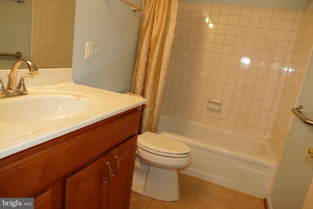 bathroom with tile patterned flooring, shower / bath combination with curtain, toilet, and vanity