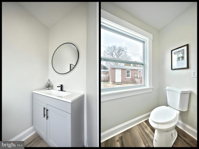 bathroom with hardwood / wood-style flooring, vanity, and toilet