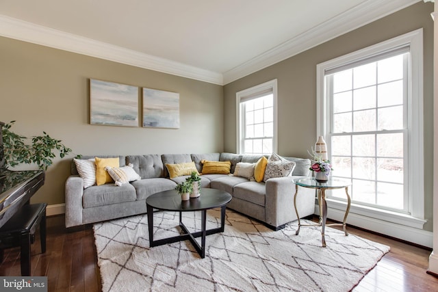 living room with light wood-type flooring and ornamental molding