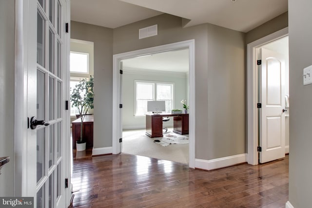 corridor with ornamental molding and dark wood-type flooring