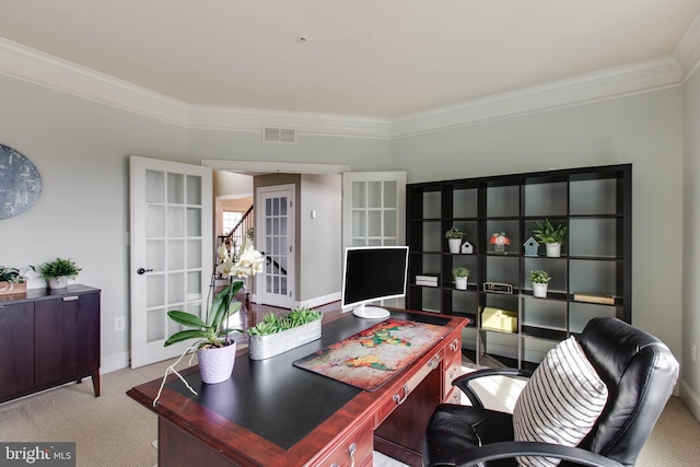 carpeted office featuring french doors and ornamental molding