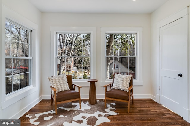 sitting room with baseboards and wood finished floors