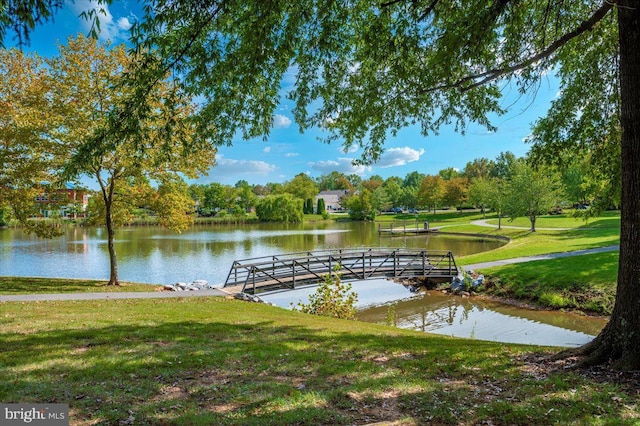 dock area with a water view and a lawn