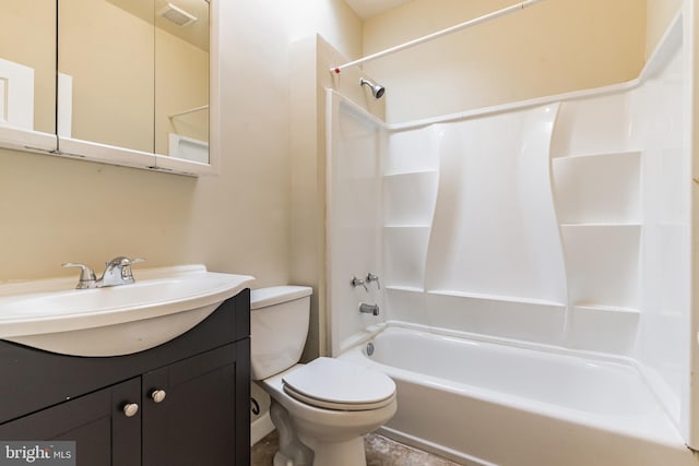 full bath featuring visible vents, vanity, toilet, and bathing tub / shower combination