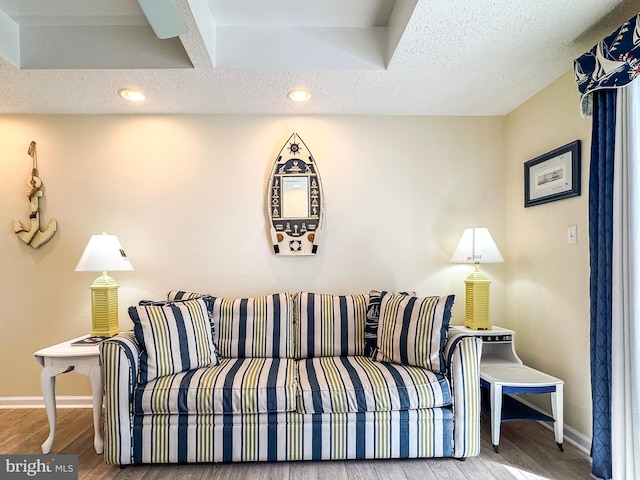 living room featuring a textured ceiling and wood-type flooring