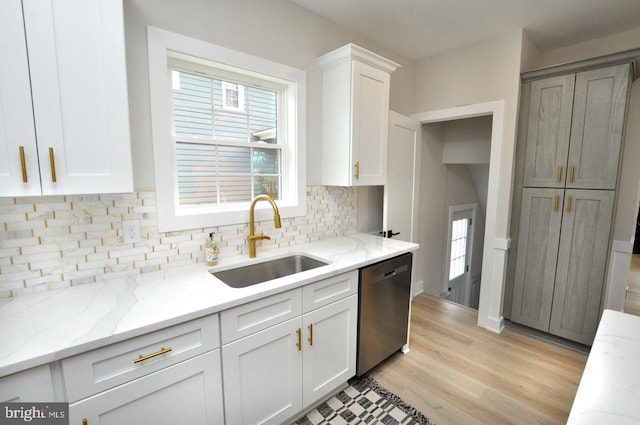 kitchen featuring a sink, light stone counters, white cabinets, and stainless steel dishwasher