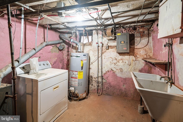 utilities featuring washer / dryer, electric panel, water heater, and a sink