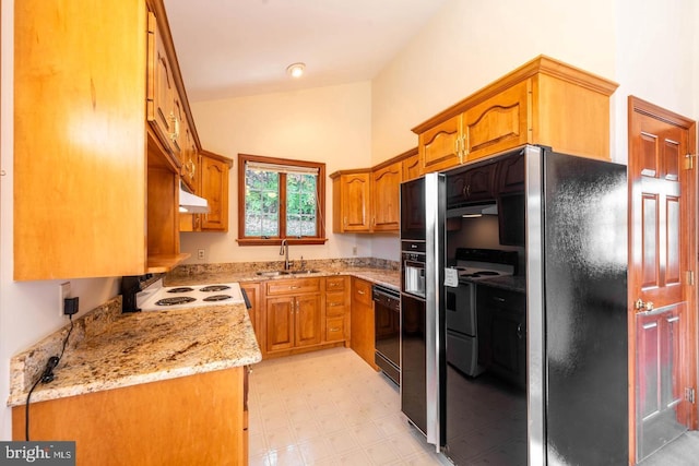 kitchen with lofted ceiling, sink, light stone counters, dishwasher, and range with electric cooktop