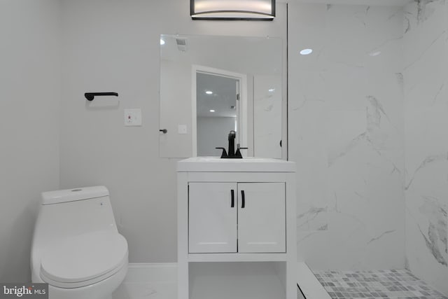 bathroom with toilet, visible vents, vanity, marble finish floor, and a stall shower