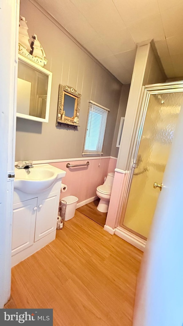 full bathroom with toilet, a stall shower, wood finished floors, and vanity