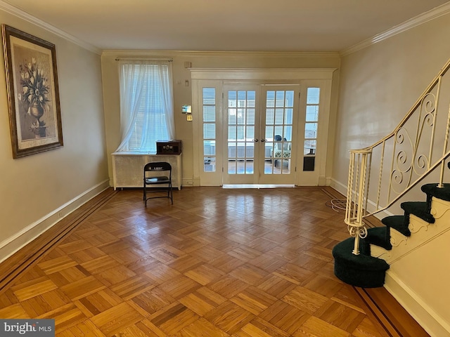 doorway featuring french doors, ornamental molding, stairway, and baseboards