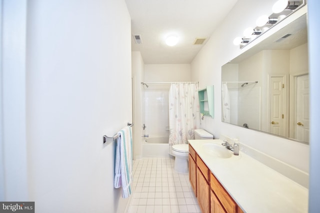 full bath featuring visible vents, toilet, tile patterned flooring, shower / bath combo with shower curtain, and vanity