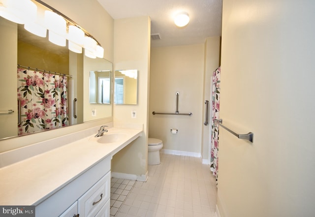 full bath with tile patterned flooring, toilet, visible vents, vanity, and baseboards