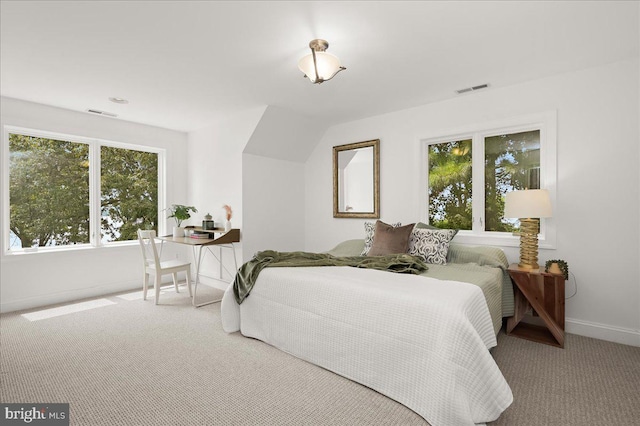 carpeted bedroom with visible vents and baseboards