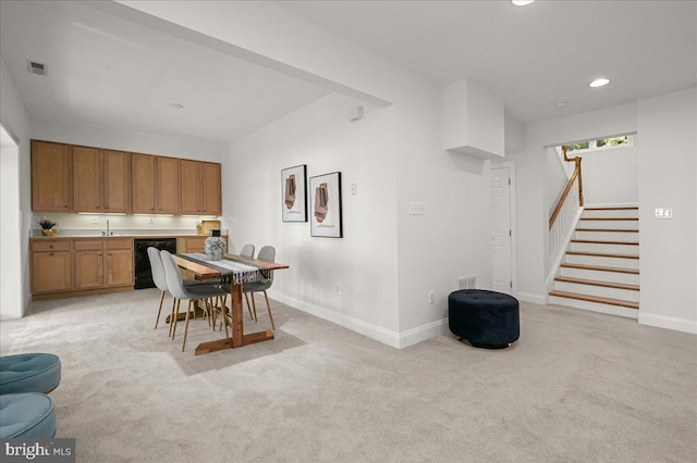 dining space featuring recessed lighting, light carpet, visible vents, baseboards, and stairway