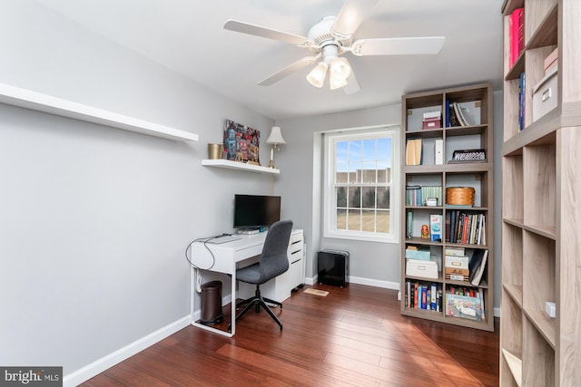 office area featuring ceiling fan and dark hardwood / wood-style floors